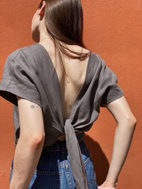Dark Gray Linen Top with an Open Back