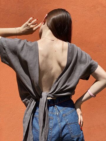 Dark Gray Linen Top with an Open Back