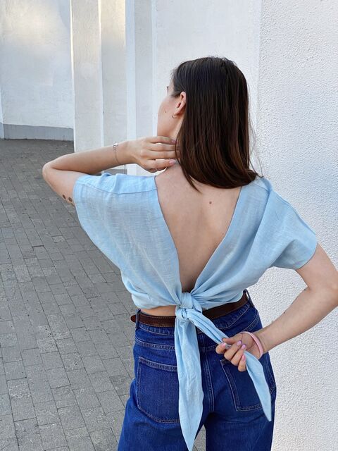 Sky Blue Linen Top with an Open Back