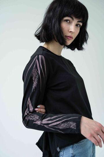 Чорний лонгслів Тростник з рожевим  принтом