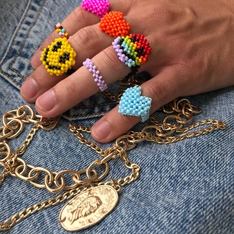 Блакитна каблучка з бісеру Серце