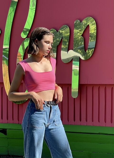 Pink top with a square neckline