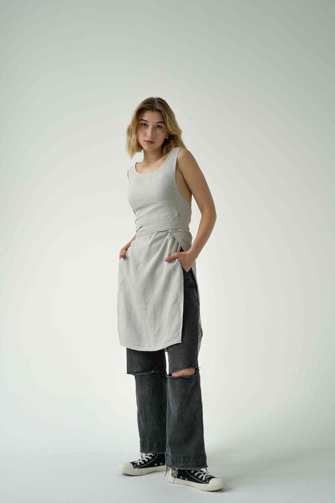 Gray Long Linen Tank Top with Ties
