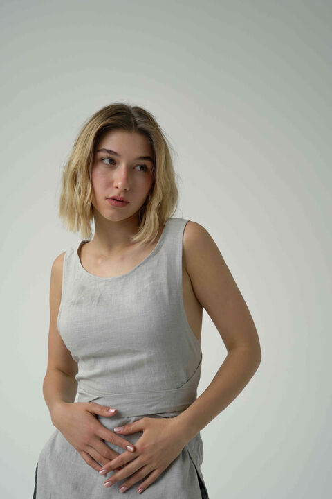 Gray Long Linen Tank Top with Ties