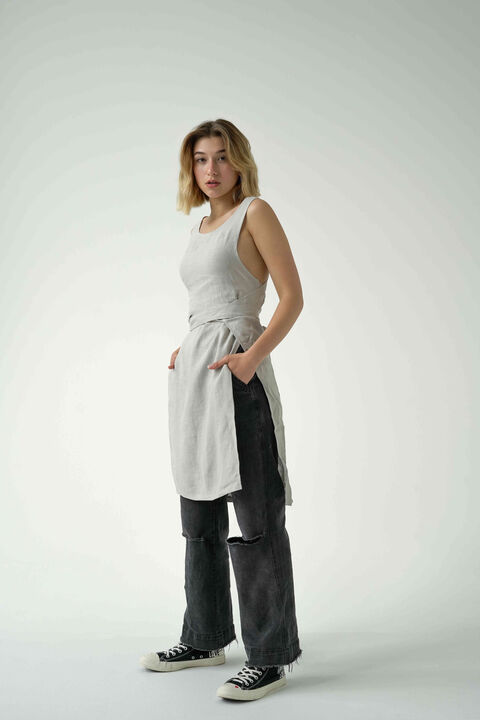 Gray Long Linen Tank Top with Ties