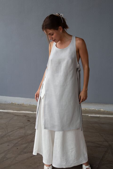 Gray Long Linen Tank Top with Ties