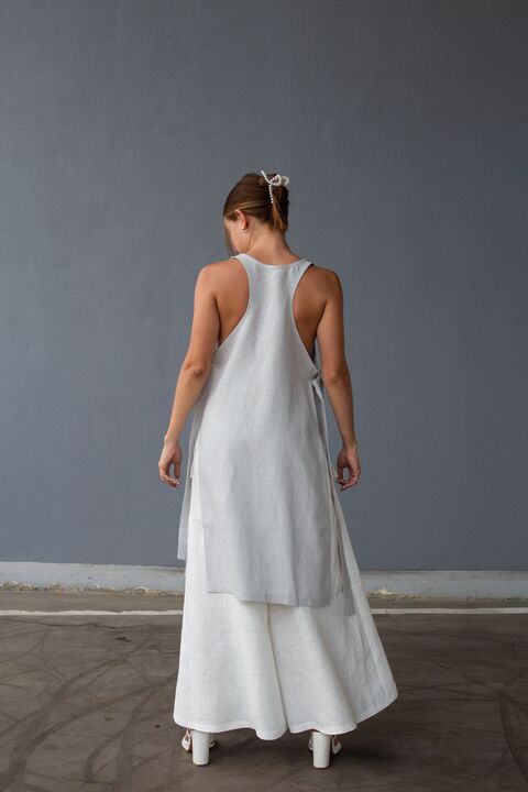 Gray Long Linen Tank Top with Ties