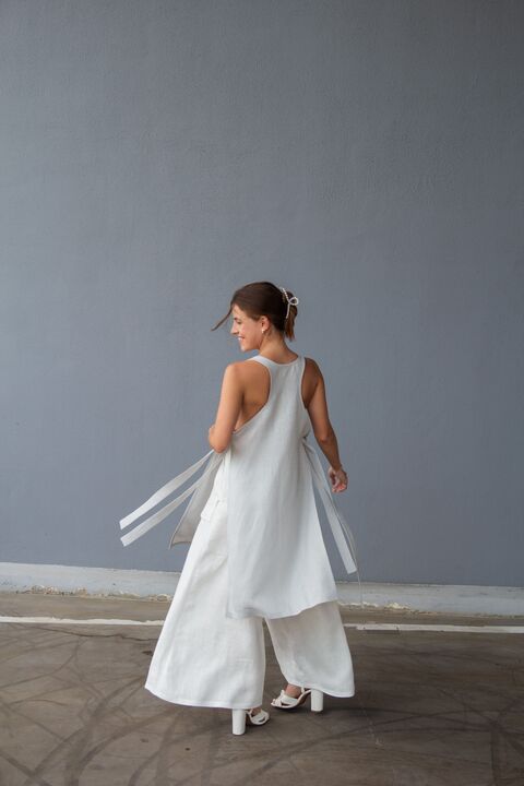 Gray Long Linen Tank Top with Ties