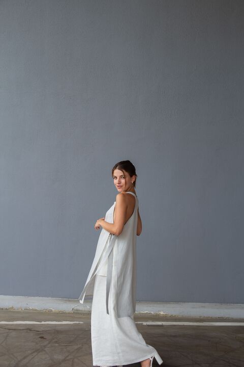 Gray Long Linen Tank Top with Ties