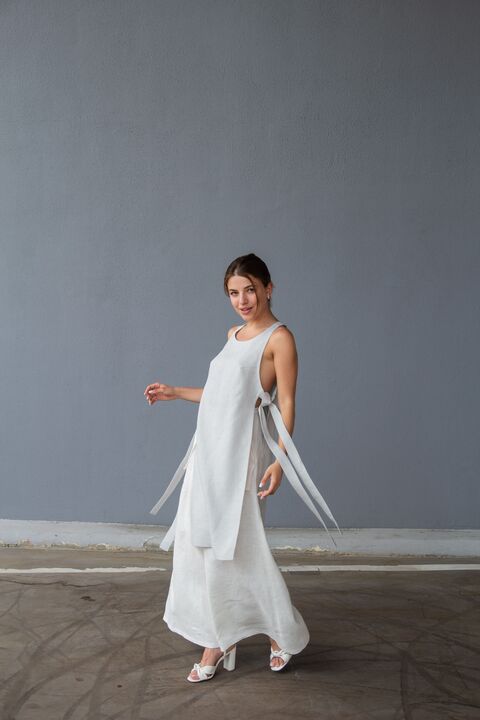 Gray Long Linen Tank Top with Ties