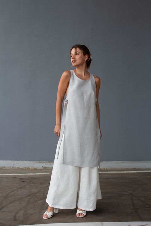 Gray Long Linen Tank Top with Ties