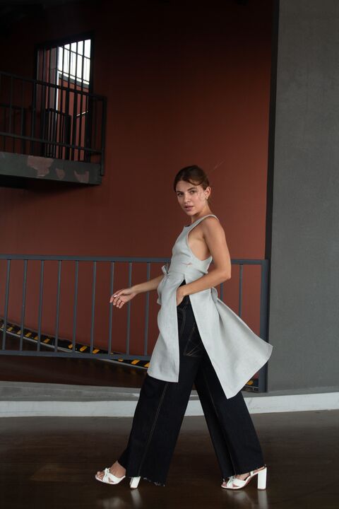 Gray Long Linen Tank Top with Ties