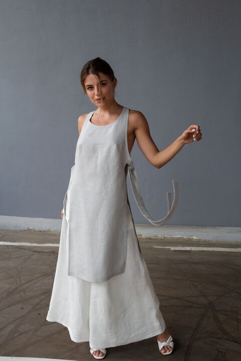 Gray Long Linen Tank Top with Ties