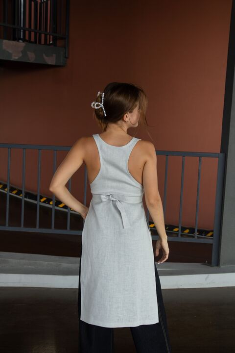 Gray Long Linen Tank Top with Ties