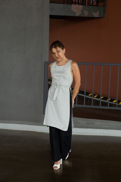 Gray Long Linen Tank Top with Ties