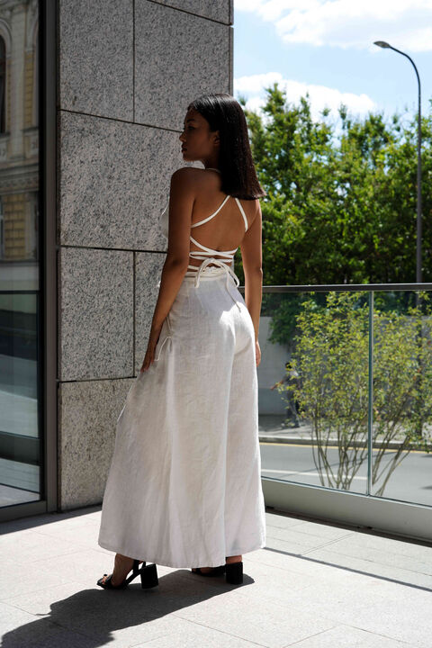 Cream linen trousers with ties