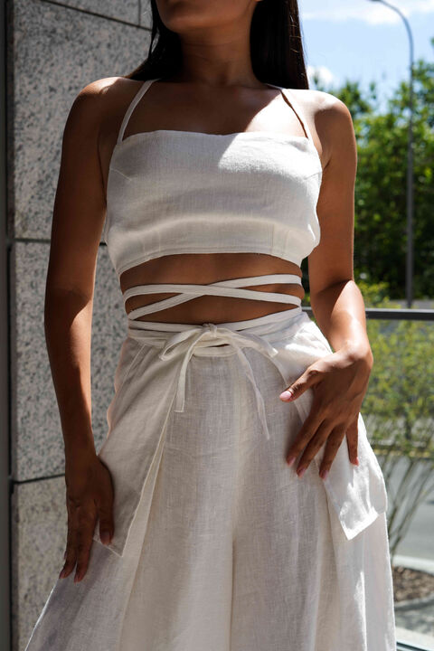 Cream linen trousers with ties