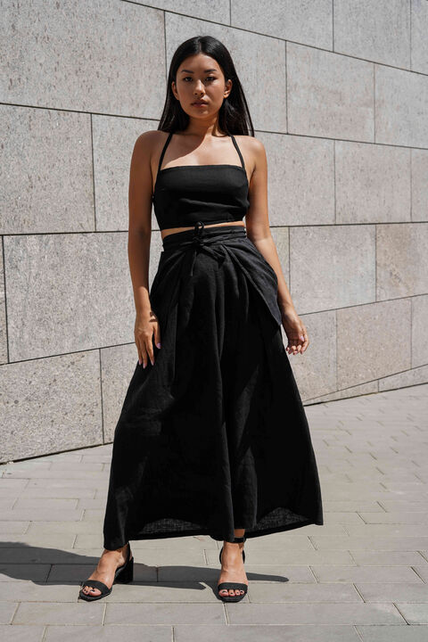 Black linen trousers with ties