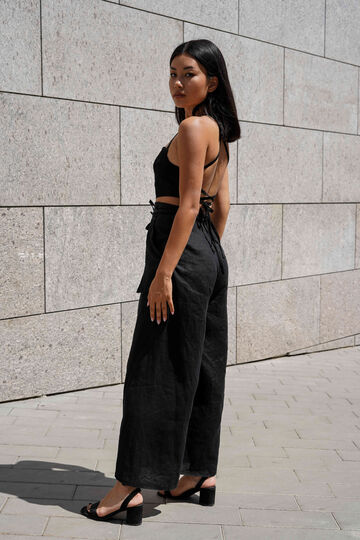 Black linen trousers with ties