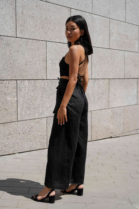 Black linen trousers with ties
