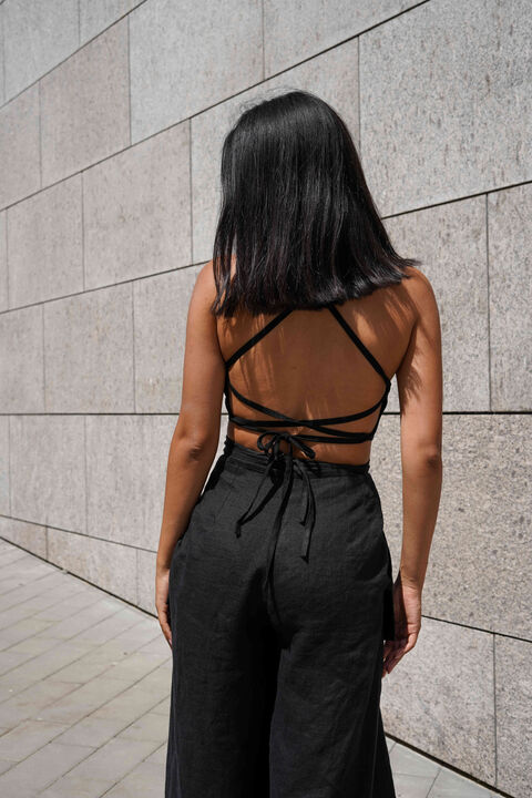 Black linen trousers with ties