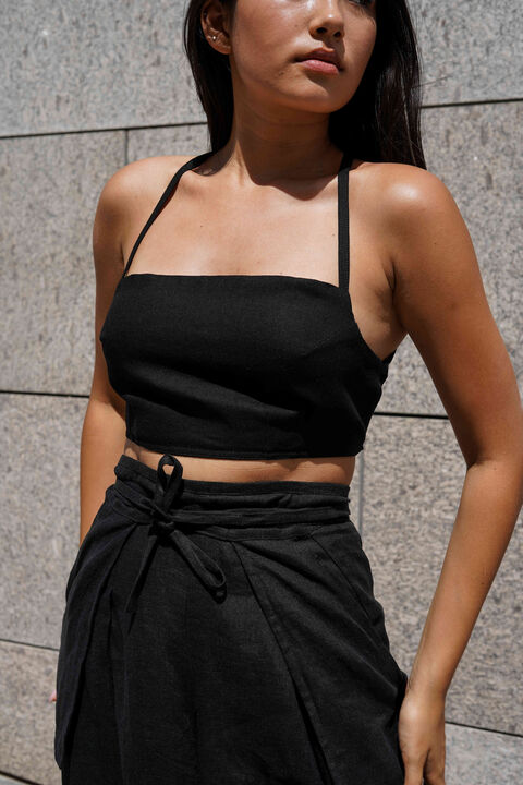 Black linen trousers with ties