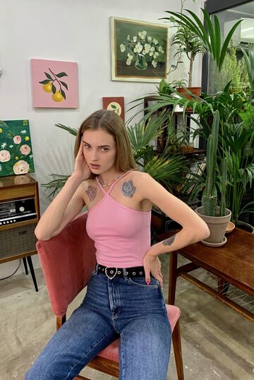 Pink top with a triangular neckline