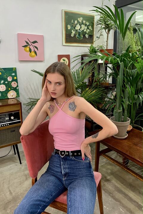 Pink top with a triangular neckline