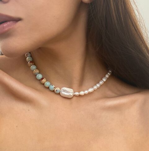 Намисто з камінням шоушан та перлинами