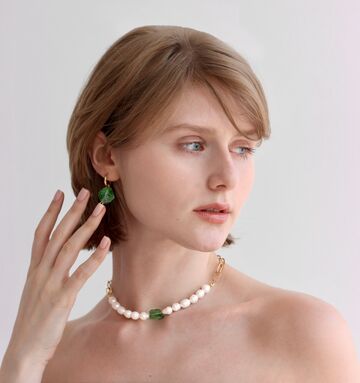 A necklace of pearls and aqua quartz