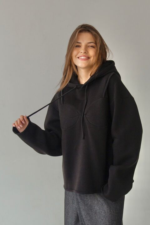 Black hoodie from three-thread with fleece "6"