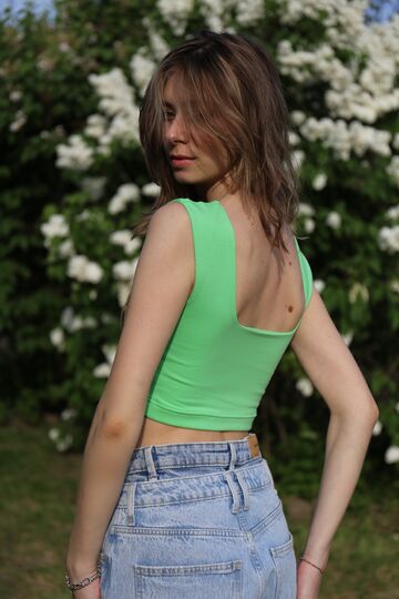 Green top with a square neckline