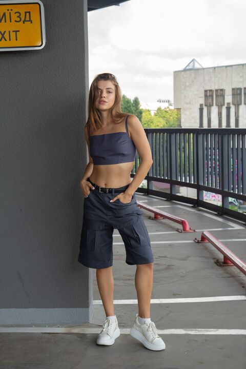 Dark gray linen top with ties