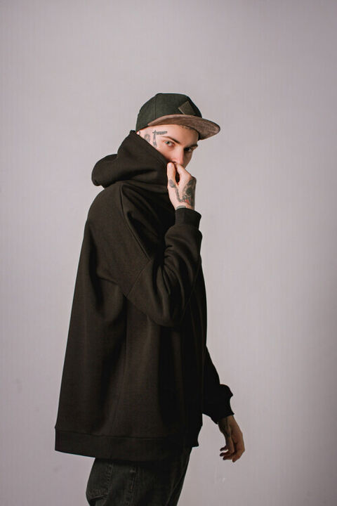 Black oversize hoodie with pink logo