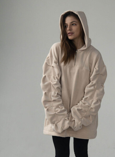 Beige fleece hoodie with puffy sleeves