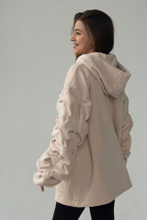 Beige fleece hoodie with puffy sleeves