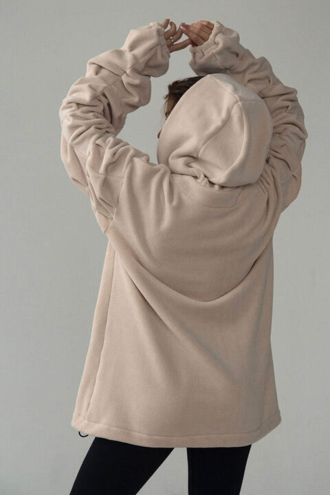 Beige fleece hoodie with puffy sleeves