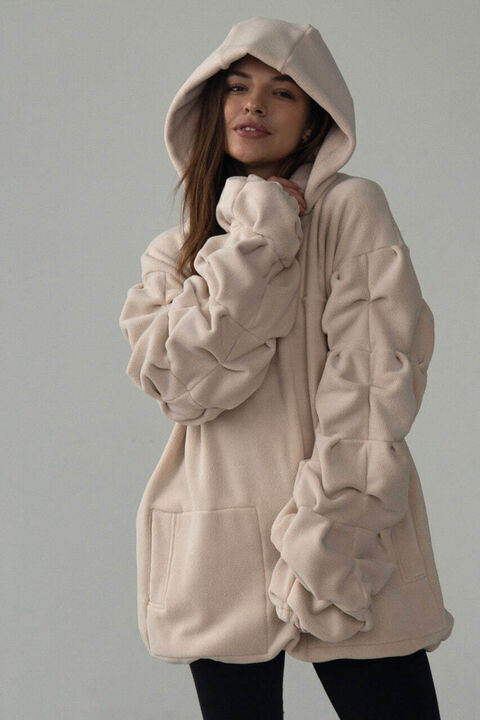 Beige fleece hoodie with puffy sleeves