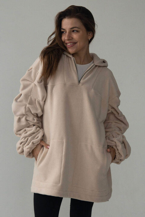 Beige fleece hoodie with puffy sleeves