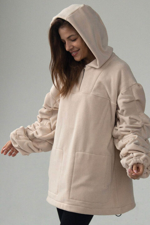 Beige fleece hoodie with puffy sleeves