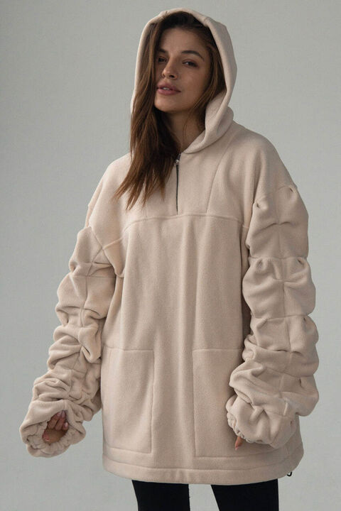 Beige fleece hoodie with puffy sleeves