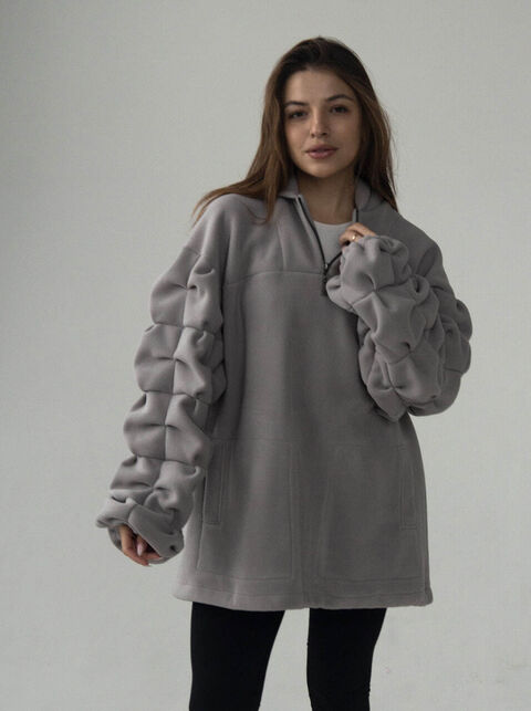 Light grey fleece hoodie with puffy sleeve