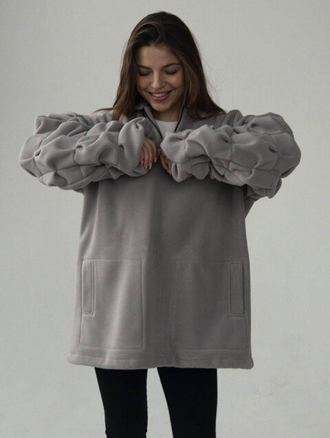 Light grey fleece hoodie with puffy sleeve