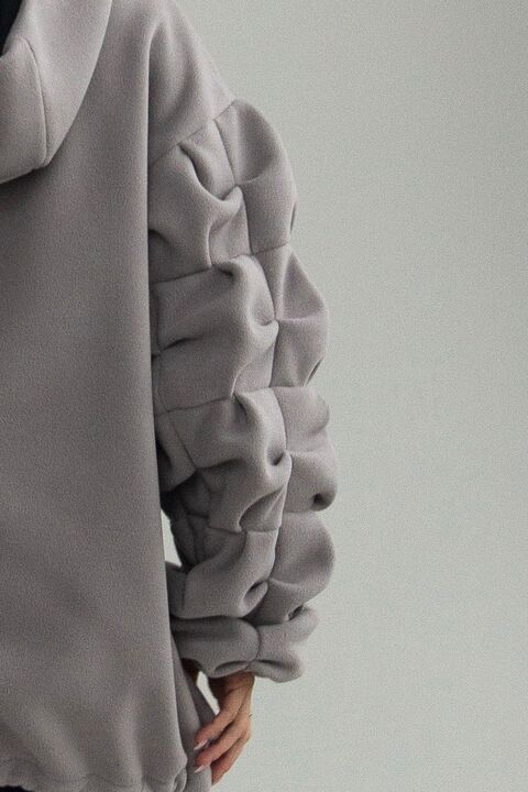 Light grey fleece hoodie with puffy sleeve