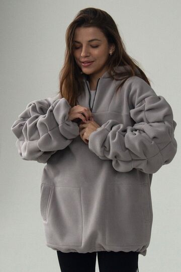 Light grey fleece hoodie with puffy sleeve