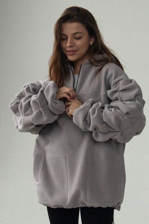 Light grey fleece hoodie with puffy sleeve