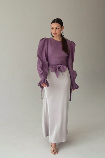 Бузкова лляна блуза із відкритою спиною