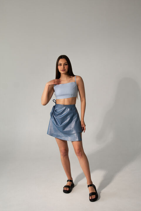Denim skirt with metallic coating