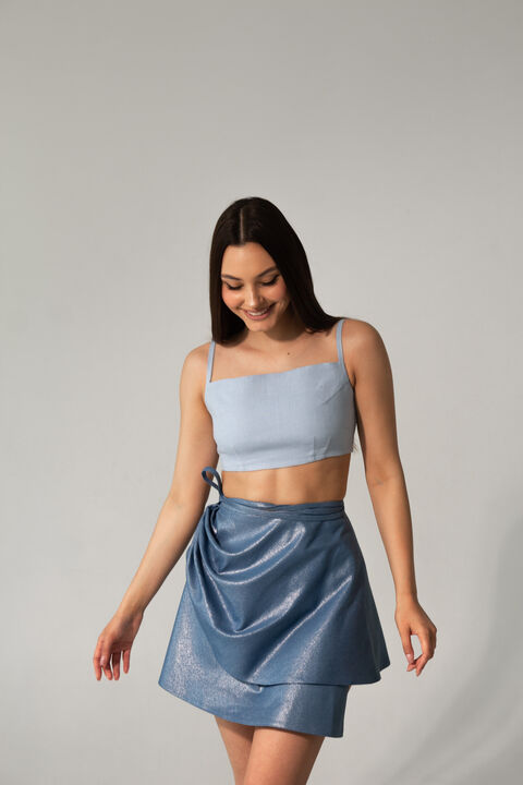 Denim skirt with metallic coating