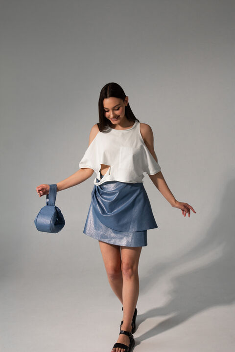 Denim skirt with metallic coating